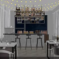 Cozy Bar Interior Design With Bar Counter Stools Wine Racks String Lights And Tables 3d model