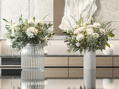 White Floral Bouquets With Greenery In Ribbed Glass And Ceramic Vases On Modern Reflective Countertop 3d model