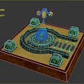 Landscape With Wooden Base Black Circular Track Green Glowing Tower Four Cubes Yellow Flying Vehicle