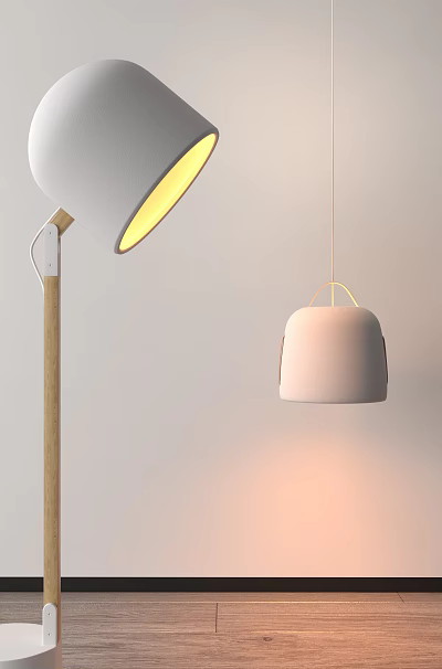Modern Lighting Combination With Wooden Floor Lamp Bell Shaped Pendant And Warm Light 3d model