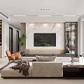 Modern Living and Dining Area Interior With TV Wall Sofa Coffee Table and Dining Setup 3d model