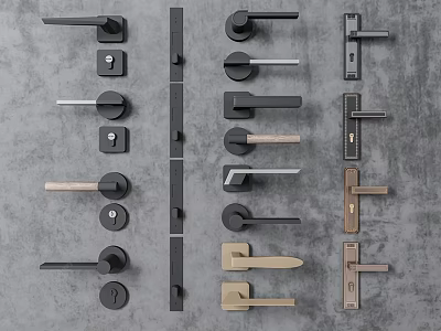 Stylish Modern Door Handles With Various Designs And Finishes On Gray Surface 3d model