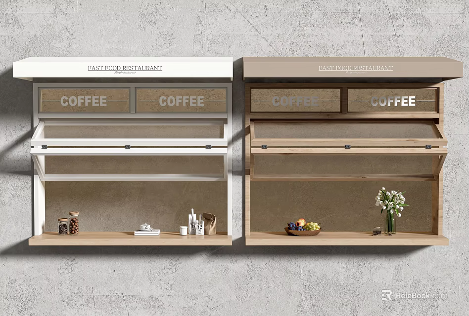 Coffee Display Cabinets In White And Brown With Coffee Cups Beans Vase And Fruits 3d model 