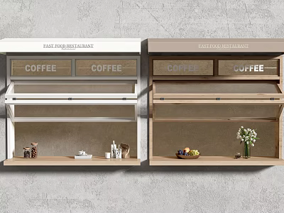 Coffee Display Cabinets In White And Brown With Coffee Cups Beans Vase And Fruits 3d model