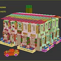 Colorful Block House with Red Roof Yellow White Walls Windows Chimney and Red Car