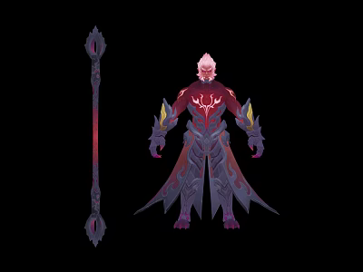 Horned Fantasy Creature Character With Red Purple Armor And Magical Staff Design 3d model