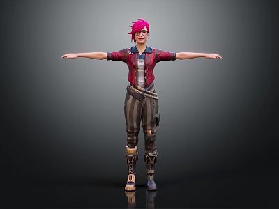 Pink Haired Character In Red Plaid Shirt Striped Pants Glasses Arms Outstretched Dark Background 3d model