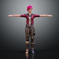 Pink Haired Character In Red Plaid Shirt Striped Pants Glasses Arms Outstretched Dark Background