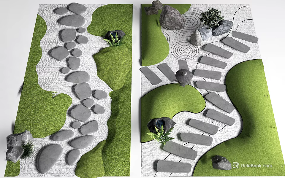 Stepping Stone Path in Natural Garden with Green Grass Stones Small Plants and Sand Patterns 3d model 