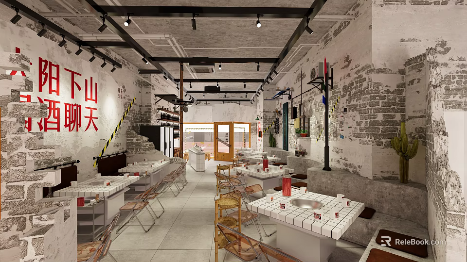 Casual Hotpot Restaurant Interior With Exposed Brick Walls Wooden Tables And Pendant Lights 3d model 
