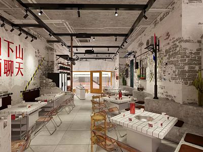 Casual Hotpot Restaurant Interior With Exposed Brick Walls Wooden Tables And Pendant Lights 3d model