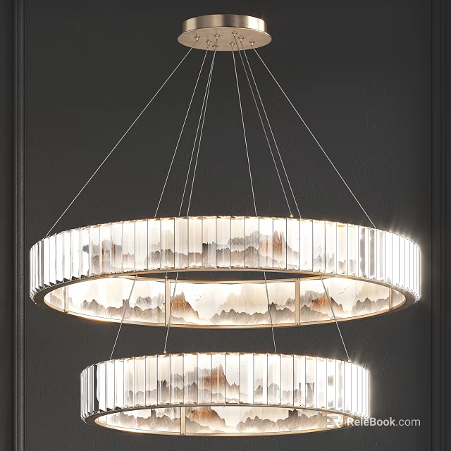 Modern Double Layer Circular Chandelier with Transparent Strips and Warm Lighting in Dark Wall Interior 3d model 