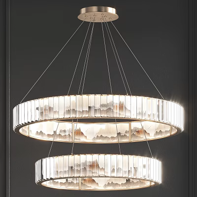 Modern Double Layer Circular Chandelier with Transparent Strips and Warm Lighting in Dark Wall Interior 3d model