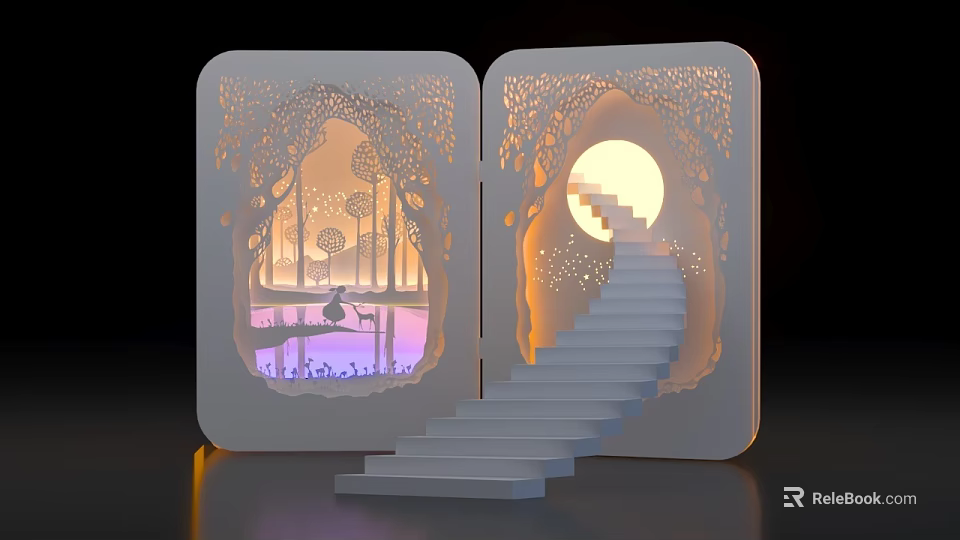 3D Laser Cut Paper Sculpture Open Book Featuring Forest Staircase Moonlight And Deer 3d model 
