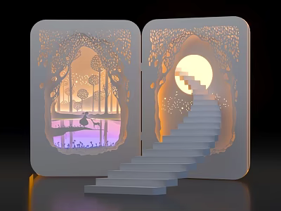 3D Laser Cut Paper Sculpture Open Book Featuring Forest Staircase Moonlight And Deer 3d model