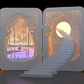 3D Laser Cut Paper Sculpture Open Book Featuring Forest Staircase Moonlight And Deer