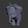 Blue Elephant Calf With Large Ears Blue Collar Trunk Holding Yellow Object Gray Reflective Ground