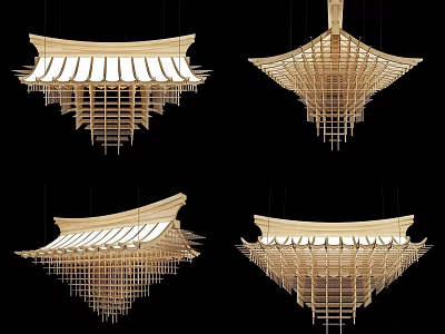 Elegant Traditional Oriental Chandeliers With Wooden Lattice Structure And Eave Shaped Design 3d model