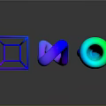 Colorful Glossy Geometric Objects Blue Wireframe Cube Purple Curved Shape Green Sphere on Dark Background