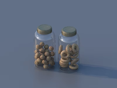 Glass Jars Filled With Nuts And Donuts With Metal Lids On Gray Background 3d model