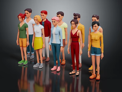 Group of Cartoon Characters with Diverse Hairstyles Clothing and Shoes Standing Together 3d model