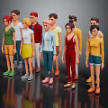 Group of Cartoon Characters with Diverse Hairstyles Clothing and Shoes Standing Together