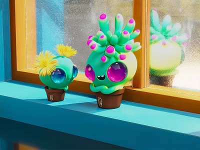 Cartoon Green Plant and Yellow Flower with Big Eyes in Brown Pots on Blue Windowsill 3d model