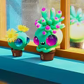 Cartoon Green Plant and Yellow Flower with Big Eyes in Brown Pots on Blue Windowsill