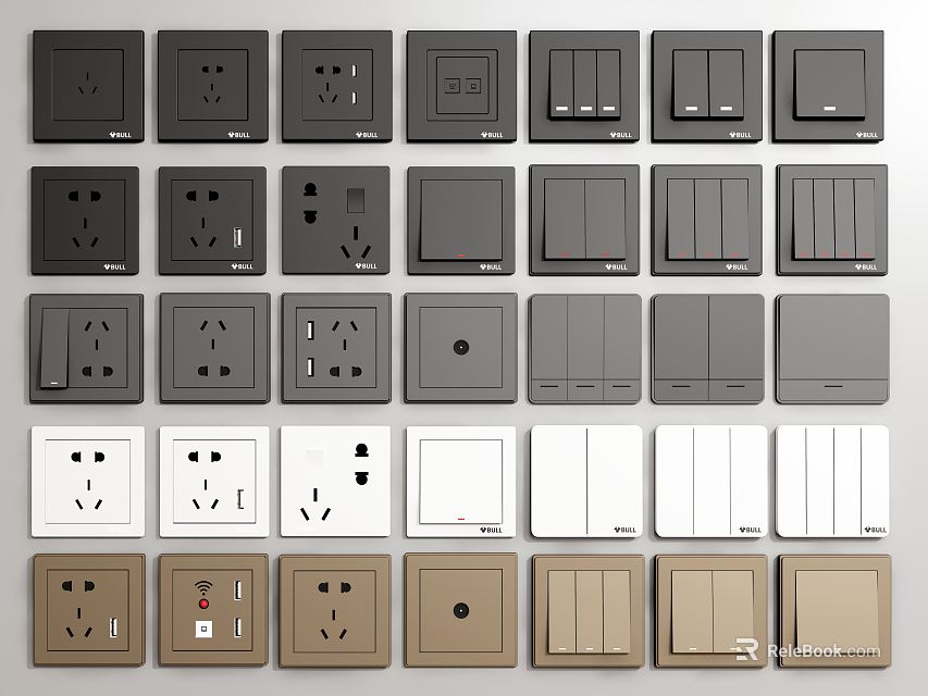 Switch Panels In Black White Brown Colors With Different Designs Including Socket Switch Combinations 3d model 