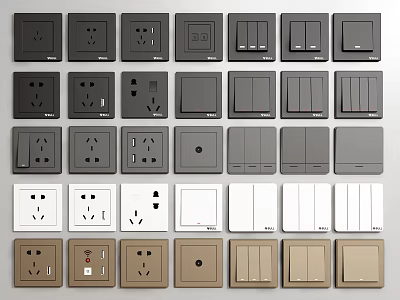 Switch Panels In Black White Brown Colors With Different Designs Including Socket Switch Combinations 3d model