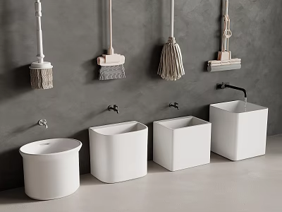 Modern Bathroom White Sinks And Hanging Cleaning Tools On Gray Wall 3d model