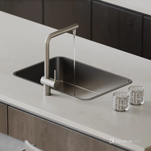 Modern Black Kitchen Sink With Brushed Nickel Faucet On Light Gray Countertop And Glass Tumblers 3d model 