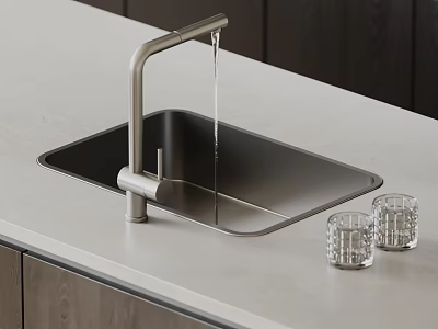 Modern Black Kitchen Sink With Brushed Nickel Faucet On Light Gray Countertop And Glass Tumblers 3d model