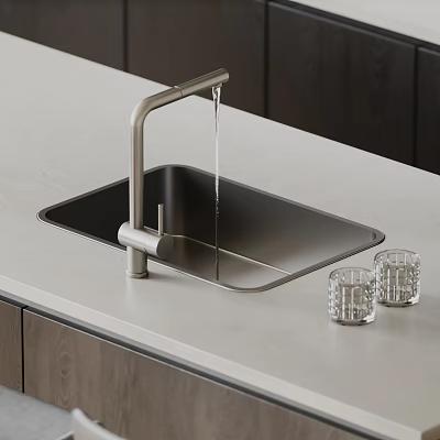 Modern Black Kitchen Sink With Brushed Nickel Faucet On Light Gray Countertop And Glass Tumblers 3d model