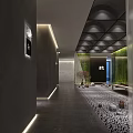 Modern Elevator Hallway Design With Green Vertical Curtains Ambient Lighting And Stone Floor Decor