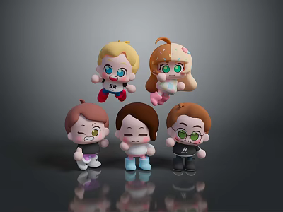 Cartoon Woman Character With Colorful Hairstyles And Outfits In Chibi Style On Reflective Gray Background 3d model