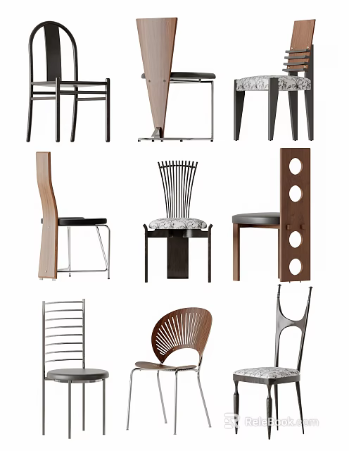 Dining Chairs With Various Designs Wooden Metal Frames And Unique Backrest Styles 3d model 