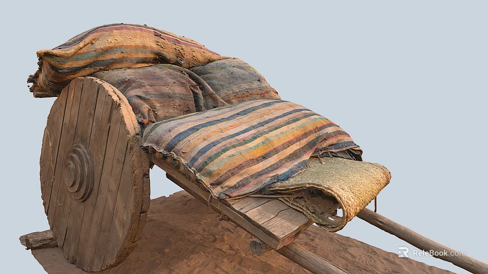 Vintage Horse Drawn Carriage With Wooden Wheels Striped Blankets And Straw Accents 3d model 