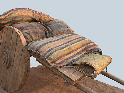 Vintage Horse Drawn Carriage With Wooden Wheels Striped Blankets And Straw Accents 3d model