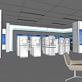 Modern Service Hall Interior With Glass Partitions Self Service Kiosks And Digital Screens