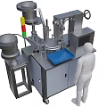 Industrial Automated Equipment With Dual Hoppers Control Panel Blue Platform And Human Operator Model