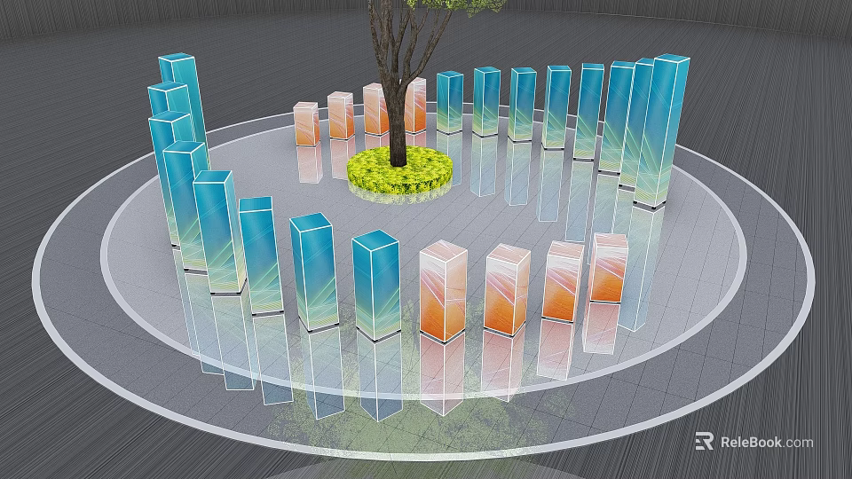 Art Installation With Circular Platform Central Tree Rectangular Pillars Blue Orange Gradients And Reflective Ground 3d model
