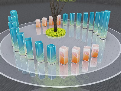 Art Installation With Circular Platform Central Tree Rectangular Pillars Blue Orange Gradients And Reflective Ground 3d model