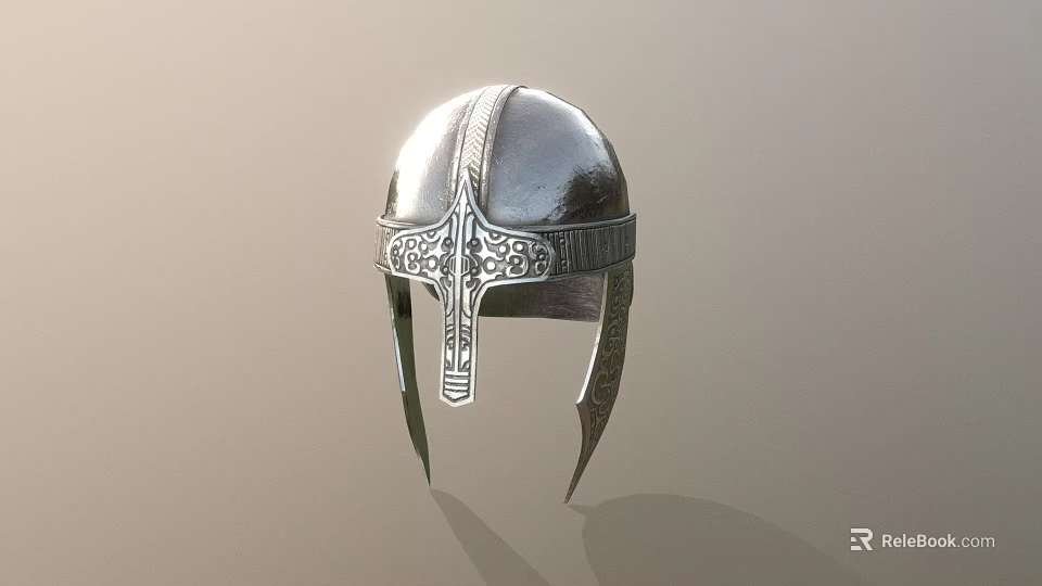 Silver Vintage Helmet With Ornate Carved Patterns And Shiny Metallic Finish 3d model 