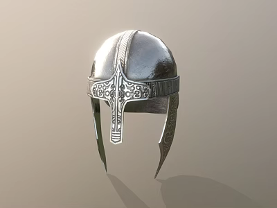 Silver Vintage Helmet With Ornate Carved Patterns And Shiny Metallic Finish 3d model