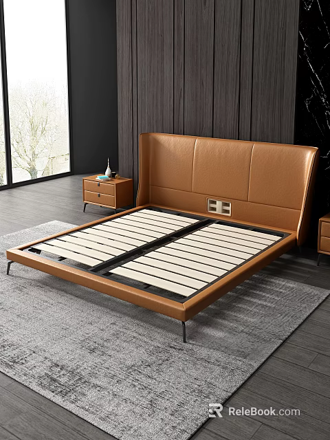 Modern Double Bed With Leather Headboard Metal Frame Slat Support 3d model 