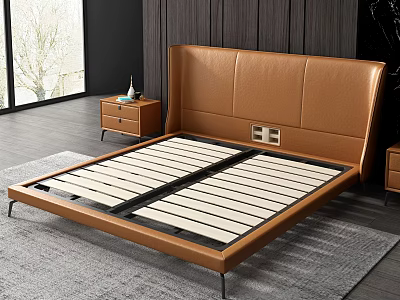 Modern Double Bed With Leather Headboard Metal Frame Slat Support 3d model
