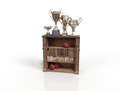 Vintage Bookshelf With Trophies Books And Red Balls For Home Decor 3d model