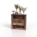 Vintage Bookshelf With Trophies Books And Red Balls For Home Decor