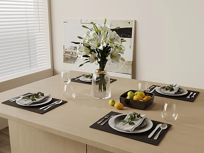 Tableware Set On Dining Table With Flowers Fruits 3d model